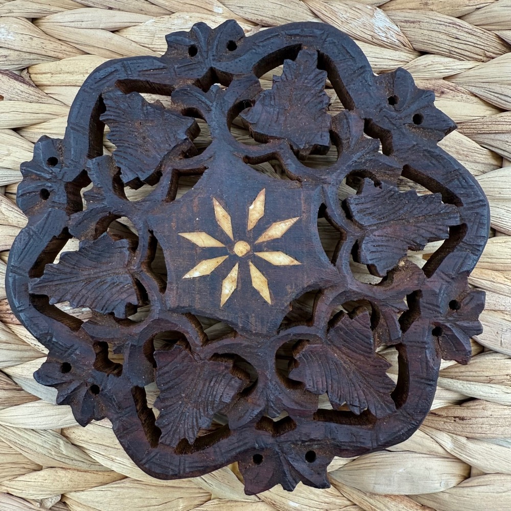 Vintage Hand Carved Wooden Trivet Coaster Floral Grape Vine Design